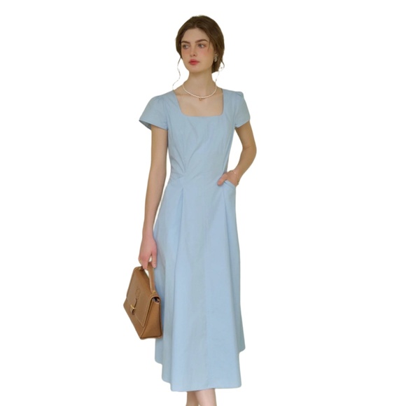 Simple Retro ELLY SQUARE NECK CINCHED WAIST DRESS - Picture 2 of 6